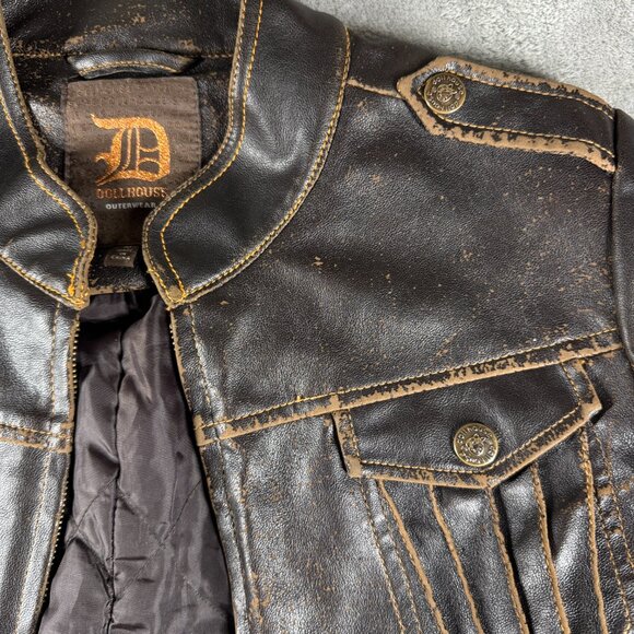 Dollhouse Distressed Moto Utility Belted Faux Leather Jacket Women’s M Brown - Picture 7 of 16